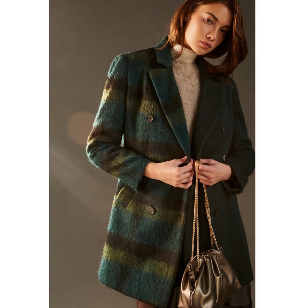 Anthropologie NVLT Evergreen Colorblock Plaid Coat